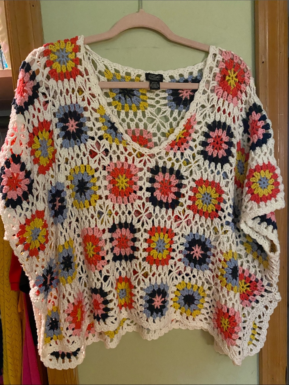 Bohemian Crochet Square Knit Sweater - cream  with Multicolor Accents.